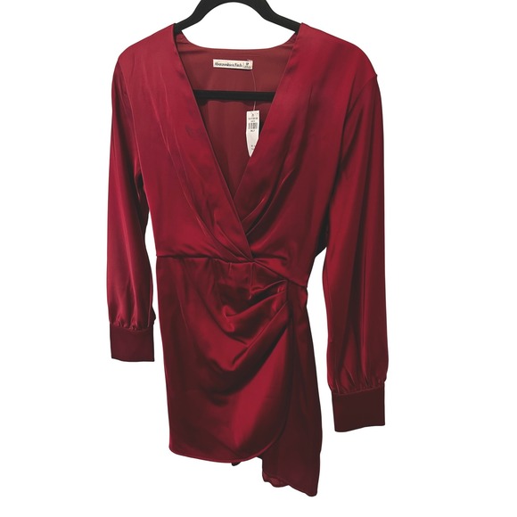 Abercrombie & Fitch Dresses & Skirts - NWT Abercrombie Fitch Long Sleeve Deep V Neck Ruched Satin Mini Dress Red SP